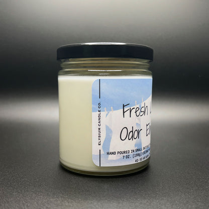 Side view of a ‘Fresh Linen Odor Eliminator’ candle, featuring a clear jar with a black lid, and a label with blue sky and laundry imagery indicating the scent.