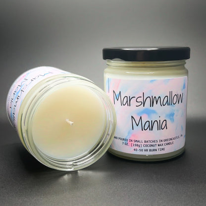 Open jar view of Elysium’s Marshmallow Mania candle, emphasizing the smooth texture of the coconut soy blend wax, and the artisanal label design reflecting quality craftsmanship.